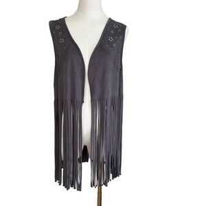 Y2K Boho Western Festival Country Charcoal Grey Fringe Faux Suede Vest Cottage